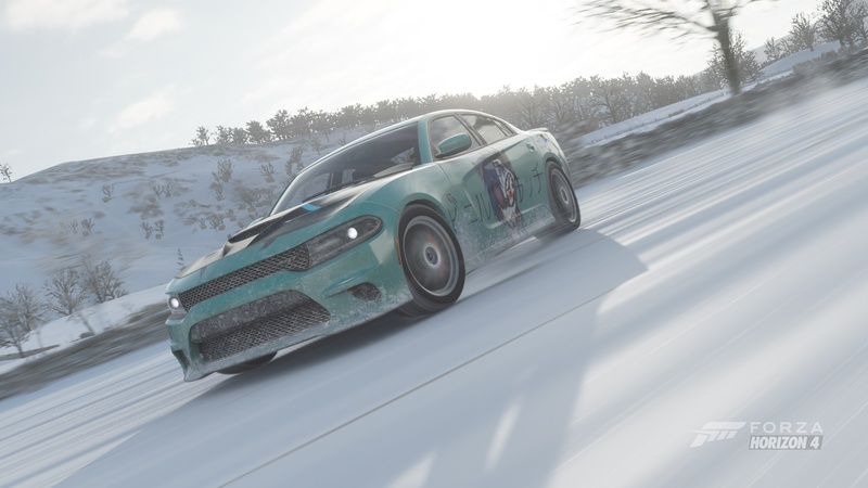 Size: 1920x1080 | Tagged: safe, derpibooru import, vinyl scratch, oc, oc:hellcat dodge, unicorn, blue, dodge (car), forza, forza horizon, forza horizon 4, game screencap, hellcat, japanese, moon runes, snow