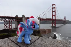 Size: 6000x4000 | Tagged: safe, artist:meplushyou, artist:steam-loco, derpibooru import, oc, oc:steam loco, pegasus, pony, bridge, golden gate bridge, irl, pegasus oc, photo, plushie, san francisco, san franciscolt, solo, spread wings, wings