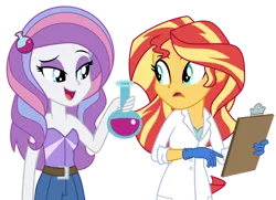Size: 1024x743 | Tagged: safe, artist:emeraldblast63, derpibooru import, potion nova, sunset shimmer, equestria girls, my little pony: pony life, the science of magic, bare shoulders, clothes, equestria girls-ified, female, g4.5 to equestria girls, gloves, image, lab coat, png, potion, redesign, rubber gloves, simple background, sleeveless, strapless, sunset the science gal, transparent background