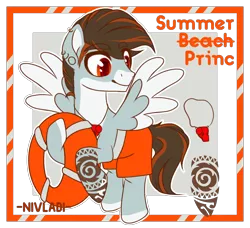 Size: 2092x1911 | Tagged: safe, artist:nivladi, derpibooru import, oc, oc:summer waves, unofficial characters only, pegasus, pony, ear piercing, earring, flying, jewelry, lifebuoy, lifeguard, male, markings, piercing, raised hoof, simple background, solo, stallion, swimming trunks, tattoo, transparent background, trunks, whistle