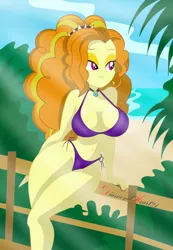 Size: 3000x4347 | Tagged: suggestive, artist:diamondheart21, derpibooru import, adagio dazzle, equestria girls, beach, beautisexy, belly button, bikini, breasts, busty adagio dazzle, cleavage, clothes, female, impossibly thin waist, nail polish, palm tree, smiling, solo, swimsuit, tree