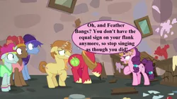 Size: 1280x720 | Tagged: angry, backup dancers, baseball cap, big macintosh, broken, cap, derpibooru import, edit, edited screencap, feather bangs, floppy ears, glamor trot, hard to say anything, hat, horse collar, mess, our town, safe, screencap, smooth vibes, speech, speech bubble, stereo mix, sugar belle, talking