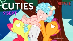Size: 1360x768 | Tagged: safe, derpibooru import, edit, edited screencap, screencap, apple bloom, cozy glow, scootaloo, sweetie belle, earth pony, pegasus, pony, marks for effort, bow, caption, cutie mark crusaders, cuties, cuties (series), female, filly, logo, netflix, this will not end well, tree, we are going to hell