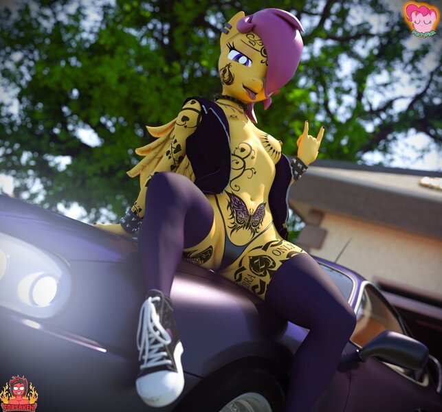Size: 2048x1911 | Tagged: questionable, artist:forsaken, derpibooru import, edit, editor:ztriped zinnerz, scootaloo, anthro, butterfly, insect, pegasus, plantigrade anthro, 3d, ace of spades, blender, bracelet, breasts, car, clothes, converse, devil horn (gesture), ear piercing, female, garage, heart, jewelry, lidded eyes, looking at you, necklace, nipple piercing, nipples, nudity, older, older scootaloo, panties, piercing, punk, queen of spades, queen of stripes tattoo, reasonably sized breasts, shoes, sitting, sneakers, socks, solo, solo female, spiked wristband, tattoo, thigh highs, thong, tongue out, tongue piercing, toyota supra, tree, underwear, wristband, z, zebra supremacy, zebradom
