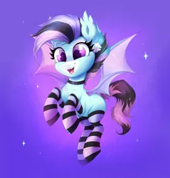 Size: 2158x2261 | Tagged: safe, artist:confetticakez, derpibooru import, oc, oc:neon mist, unofficial characters only, bat pony, pony, abstract background, chest fluff, choker, clothes, cute, cute little fangs, ear fluff, fangs, female, filly, flower, flower in hair, jewelry, mare, necklace, ocbetes, socks, solo, sparkles, striped socks