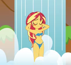Size: 9383x8534 | Tagged: artist needed, source needed, suggestive, derpibooru import, sunset shimmer, equestria girls, absurd resolution, blushing, bra, breasts, clothes, erect nipples, female, jungle girl, loincloth, nipple outline, solo, solo female, underwear, waterfall shower, wet, wet clothes, wet hair