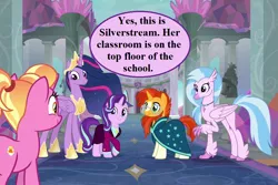 Size: 1053x702 | Tagged: alicorn, clothes, crown, cute, derpibooru import, diastreamies, edit, edited screencap, glasses, glimmerbetes, hoof shoes, jewelry, lusterbetes, luster dawn, necklace, older, older silverstream, older starlight glimmer, older sunburst, older twilight, peytral, princess twilight 2.0, regalia, robe, safe, school of friendship, screencap, silverstream, speech, speech bubble, stairs, starlight glimmer, suit, sunburst, talking, that hippogriff sure does love stairs, the last problem, twiabetes, twilight sparkle, twilight sparkle (alicorn)