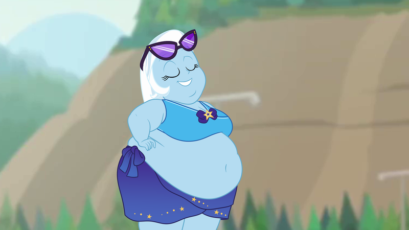 Size: 2560x1440 | Tagged: suggestive, artist:feherdavi, artist:neongothic, derpibooru import, edit, edited screencap, screencap, trixie, equestria girls, equestria girls series, forgotten friendship, bbw, beach, belly, belly button, big belly, bikini, breasts, busty trixie, chubby cheeks, clothes, double chin, eyes closed, fat, fat boobs, fat edit, female, grin, hands on hip, image, morbidly obese, obese, png, smiling, solo, ssbbw, sunglasses, sunglasses on head, swimsuit, the great and bountiful trixie, weight gain