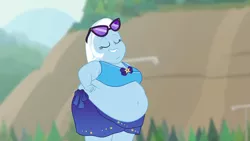 Size: 2560x1440 | Tagged: suggestive, artist:feherdavi, artist:neongothic, derpibooru import, edit, edited screencap, screencap, trixie, equestria girls, equestria girls series, forgotten friendship, bbw, beach, belly, belly button, big belly, bikini, breasts, busty trixie, chubby cheeks, clothes, double chin, eyes closed, fat, fat boobs, fat edit, female, grin, hands on hip, image, morbidly obese, obese, png, smiling, solo, ssbbw, sunglasses, sunglasses on head, swimsuit, the great and bountiful trixie, weight gain