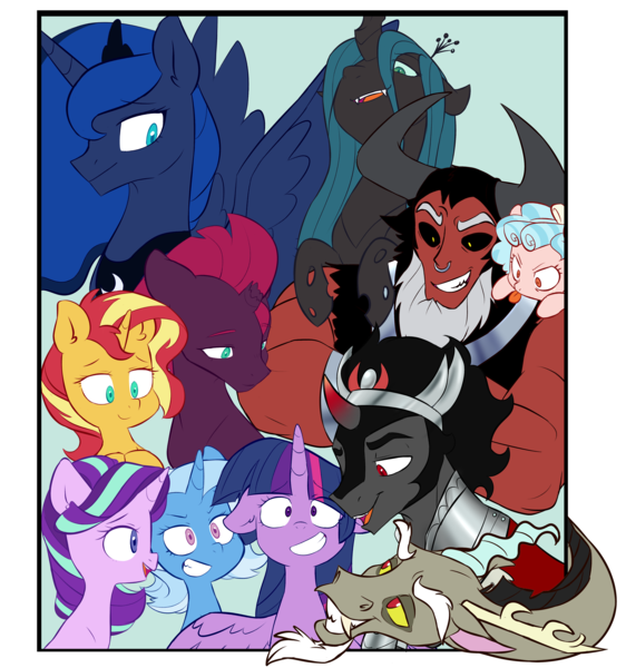 Size: 4212x4500 | Tagged: safe, artist:chub-wub, derpibooru import, cozy glow, discord, king sombra, lord tirek, princess luna, queen chrysalis, starlight glimmer, sunset shimmer, tempest shadow, trixie, twilight sparkle, twilight sparkle (alicorn), alicorn, centaur, changeling, draconequus, pegasus, pony, unicorn, absurd resolution, antagonist, broken horn, colored horn, curved horn, female, filly, floppy ears, green background, horn, male, mare, nose piercing, nose ring, open mouth, piercing, raspberry, reformed villain, simple background, smiling, tongue out