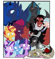 Size: 4212x4500 | Tagged: safe, artist:chub-wub, derpibooru import, cozy glow, discord, king sombra, lord tirek, princess luna, queen chrysalis, starlight glimmer, sunset shimmer, tempest shadow, trixie, twilight sparkle, twilight sparkle (alicorn), alicorn, centaur, changeling, draconequus, pegasus, pony, unicorn, absurd resolution, antagonist, broken horn, colored horn, curved horn, female, filly, floppy ears, green background, horn, male, mare, nose piercing, nose ring, open mouth, piercing, raspberry, reformed villain, simple background, smiling, tongue out