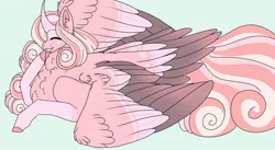 Size: 1280x700 | Tagged: safe, artist:thewolfonthemoon, derpibooru import, oc, oc:valentino, unofficial characters only, alicorn, pony, alicorn oc, chest fluff, eyes closed, green background, horn, large wings, lying down, male, male alicorn, previous generation, prone, simple background, solo, stallion, tail feathers, wings