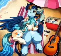 Size: 3030x2800 | Tagged: safe, artist:pridark, derpibooru import, oc, oc:seascape, oc:skysail, unofficial characters only, hippogriff, pegasus, pony, acoustic guitar, beach, beach towel, beach umbrella, beverage, commission, cooler, eyes closed, guitar, high res, hippogriff oc, multicolored hair, musical instrument, ocean, one eye closed, relaxing, sand, smiling, summer, sunscreen, towel, umbrella, unshorn fetlocks