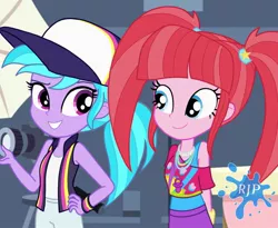 Size: 1280x1050 | Tagged: safe, artist:rjp.rammy, derpibooru import, azure velour, pacific glow, equestria girls, baseball cap, blue hair, cap, clothes, cute, duo, equestria girls-ified, female, grin, hand on hip, hat, jewelry, leather jacker, necklace, pacifier, pants, pigtails, ponytail, shirt, skirt, smiling, sweatpants, t-shirt, tanktop, tomboy, wristband