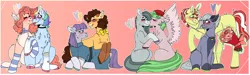 Size: 5292x1584 | Tagged: safe, artist:plagued-arts, derpibooru import, cheese sandwich, flim, limestone pie, marble pie, maud pie, pinkie pie, rainbow dash, watermelody, ponified, earth pony, pegasus, pony, unicorn, blushing, bouquet, bow, bowtie, chest fluff, choker, chokerdash, clothes, equestria girls ponified, female, flimstone, flower, glasses, gradient background, heart, jewelry, kiss on the cheek, kissing, lesbian, male, marblemelody, maudwich, necklace, pie sisters, pinkiedash, shipping, siblings, sisters, socks, straight, striped socks, tongue out