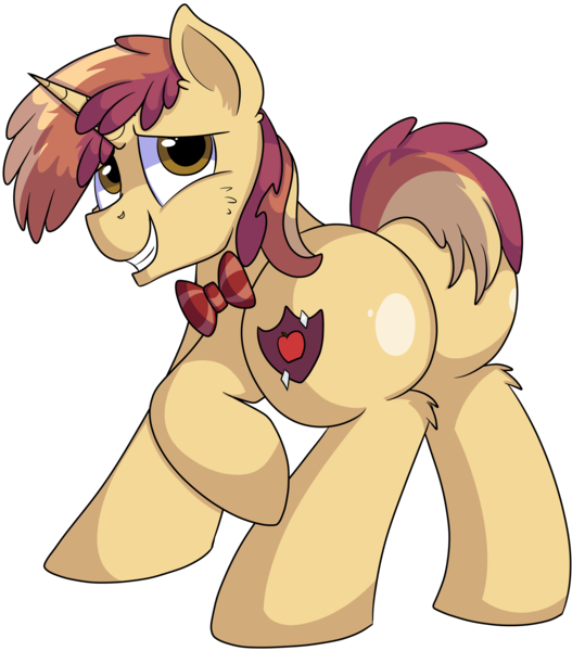 Size: 4000x4450 | Tagged: safe, artist:rainbowtashie, author:bigonionbean, derpibooru import, apple bloom, dinky hooves, oc, oc:sparkling apples, earth pony, pony, unicorn, bowtie, butt, colt, commissioner:bigonionbean, cutie mark, flank, fusion, fusion:sparkling apples, male, rule 63, simple background, thicc ass, transparent background