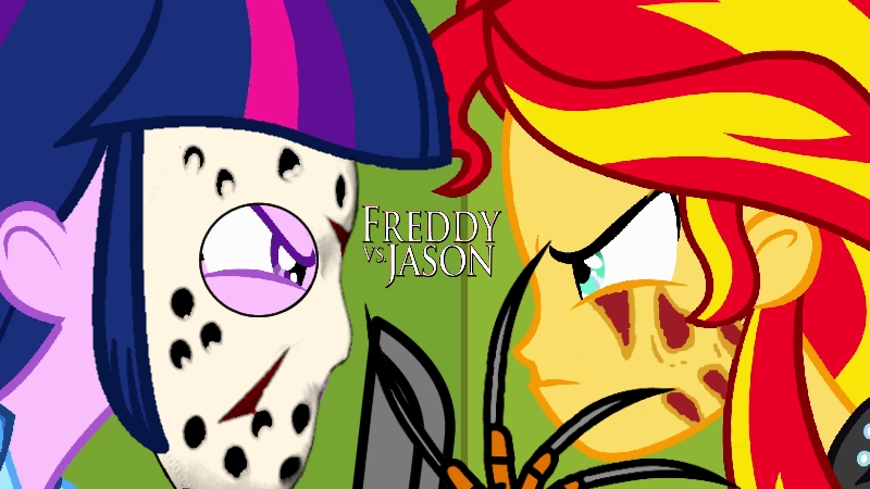 Size: 800x450 | Tagged: semi-grimdark, derpibooru import, edit, edited screencap, screencap, sunset shimmer, twilight sparkle, equestria girls, equestria girls (movie), female, freddy krueger, freddy vs jason, jason voorhees