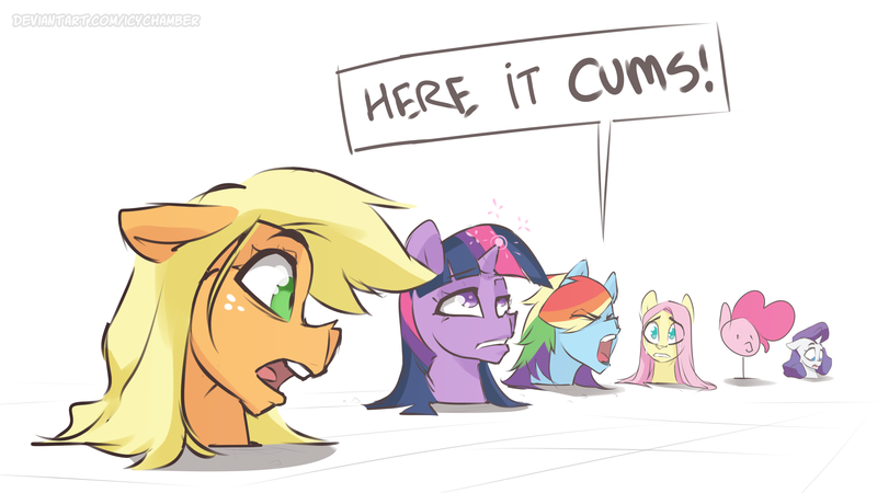 Size: 3840x2162 | Tagged: suggestive, artist:icychamber, derpibooru import, applejack, fluttershy, pinkie pie, rainbow dash, rarity, twilight sparkle, unicorn, disembodied head, eyes closed, female, freckles, glowing horn, horn, imminent cumshot, implied cum, implied sex, mane six, one of these things is not like the others, open mouth, simple background, white background