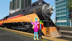 Size: 1024x577 | Tagged: safe, artist:trainman3985, derpibooru import, oc, oc:shine, oc:trainman3985, unofficial characters only, equestria girls, big breasts, breasts, cleavage, female, huge breasts, male, train, train station