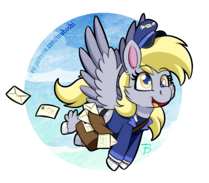 Size: 888x777 | Tagged: safe, artist:inuhoshi-to-darkpen, derpibooru import, derpy hooves, pegasus, pony, my little pony: pony life, unboxing day, spoiler:pony life s01e18, spoiler:pony life s01e30, cheek fluff, female, flying, hoof fluff, letter, mail, mailbag, open mouth, simple background, solo, transparent background