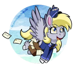Size: 888x777 | Tagged: safe, artist:inuhoshi-to-darkpen, derpibooru import, derpy hooves, pegasus, pony, my little pony: pony life, unboxing day, spoiler:pony life s01e18, spoiler:pony life s01e30, cheek fluff, female, flying, hoof fluff, letter, mail, mailbag, open mouth, simple background, solo, transparent background