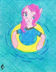 Size: 935x1205 | Tagged: safe, artist:assertiveshypony, derpibooru import, pinkie pie, earth pony, pony, clothes, drawing, inner tube, one-piece swimsuit, summer, swimming, swimming pool, swimsuit, traditional art, water, wet, wet mane