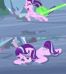 Size: 1280x1440 | Tagged: safe, derpibooru import, edit, edited screencap, screencap, queen chrysalis, starlight glimmer, pony, unicorn, the ending of the end, blast, comic, female, literal butthurt, magic, magic beam, magic blast, offscreen character, pain, solo