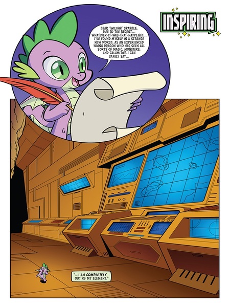 Size: 768x1024 | Tagged: safe, artist:sara pitre-durocher, derpibooru import, idw, spike, dragon, spoiler:comic, spoiler:friendship in disguise, spoiler:friendship in disguise02, computer, preview, spaceship, winged spike