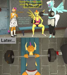 Size: 1920x2160 | Tagged: 3d, alternate universe, anthro, anthro dragon, artist:papadragon69, barbell, clothes, comic, derpibooru import, dragon, dress, fleetfoot, pegasus, safe, smolder, source filmmaker, spitfire, what lies beneath, workout