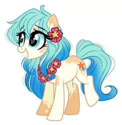 Size: 2008x2048 | Tagged: safe, artist:emberslament, derpibooru import, oc, oc:seascape, unofficial characters only, earth pony, pony, cute, female, flower, flower in hair, happy, heart eyes, lei, mare, raised leg, simple background, solo, white background, wingding eyes