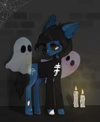 Size: 2320x2824 | Tagged: safe, artist:sweaty_peach, derpibooru import, oc, ponified:oliver sykes, earth pony, ghost, pony, undead, zombie, zombie pony, bone, bricks, bring me the horizon, candle, colored pupils, commission, fangs, glasgow smile, long sleeves, male, messy mane, scar, solo, spider web, stallion, stitches, tattoo, torn ear, ych result