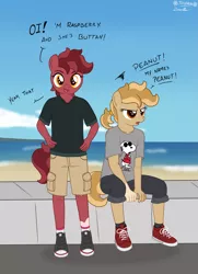 Size: 3181x4391 | Tagged: safe, artist:deserter, artist:tolpain, derpibooru import, oc, oc:peanut toffy, oc:raspberry toffy, anthro, earth pony, annoyed, beach, clothes, collaboration, converse, cute, female, fraternal twins, hands on hip, image, looking at you, outdoors, png, pun, shoes, siblings, sisters, snoopy, socks (coat marking), twins, visual pun