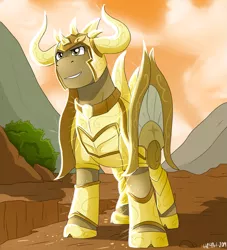 Size: 1091x1200 | Tagged: safe, artist:hc4art, derpibooru import, oc, oc:golden knight, oc:shield inv, unofficial characters only, pony, aldebaran, armor, brown eyes, commission, knight, male, outdoors, saint seiya, signature, solo, stallion