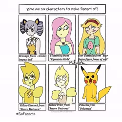 Size: 758x758 | Tagged: safe, derpibooru import, fluttershy, human, pikachu, six fanarts, equestria girls, bust, clothes, crossover, female, honkai impact 3rd, jewelry, necklace, open mouth, pokémon, smiling, star butterfly, star vs the forces of evil, steven universe, yellow diamond (steven universe), yellow pearl (steven universe)