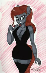 Size: 1601x2561 | Tagged: suggestive, artist:newyorkx3, derpibooru import, oc, oc:casey, anthro, earth pony, anthro oc, big breasts, black dress, breasts, cleavage, clothes, curvy, dress, earth pony oc, female, hourglass figure, image, jpeg, socks, stockings, thigh highs, traditional art, wide hips