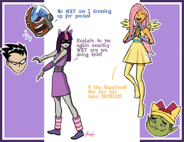 Size: 1024x791 | Tagged: apple bloom, artist:janeesper, beast boy, clothes, cosplay, costume, cyborg (teen titans), derpibooru import, fluttershy, raven (teen titans), robin (teen titans), safe, starfire, tara strong, teen titans, the fun has been doubled, twilight sparkle, voice actor joke