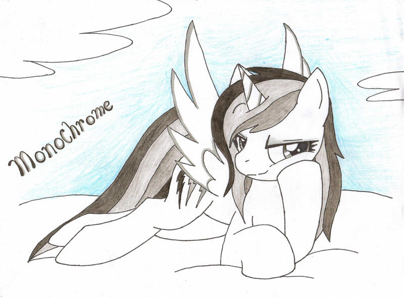 Size: 2851x2104 | Tagged: safe, artist:dj-sky-storm-117, derpibooru import, oc, oc:monochrome, alicorn, alicorn oc, black and white, cloud, grayscale, horn, lying down, lying on a cloud, monochrome, on a cloud, pose, solo, traditional art, wings