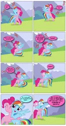 Size: 868x1644 | Tagged: safe, artist:dziadek1990, derpibooru import, edit, edited screencap, screencap, pinkie pie, rainbow dash, wonderbolts academy, barney the dinosaur, comic, conversation, dialogue, hug, kissing, screencap comic, slice of life, song, song reference, text, toilet paper, word balloon