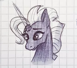 Size: 1053x932 | Tagged: safe, artist:galaxy.in.mind, derpibooru import, tempest shadow, pony, unicorn, broken horn, bust, eye scar, female, graph paper, horn, mare, prosthetic horn, prosthetics, scar, solo, traditional art