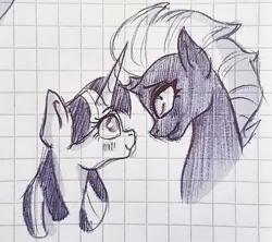 Size: 1040x922 | Tagged: safe, artist:galaxy.in.mind, derpibooru import, tempest shadow, twilight sparkle, pony, unicorn, blushing, broken horn, female, graph paper, horn, lesbian, looking at each other, mare, shipping, smiling, tempestlight, traditional art, unicorn twilight