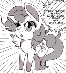 Size: 1280x1412 | Tagged: safe, artist:rainbowtashie, author:bigonionbean, derpibooru import, carrot top, golden harvest, oc, oc:clumsy carrot, earth pony, pegasus, pony, adorable face, anime style, black and white, chibi, commissioner:bigonionbean, cute, cutie mark, dialogue, female, fusion, fusion:clumsy carrot, grayscale, mare, monochrome, solo