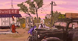 Size: 1920x1024 | Tagged: safe, artist:agm, derpibooru import, trixie, human, buick, buick roadmaster, car, female, gas station, hat, humanized, solo, wandering trixie