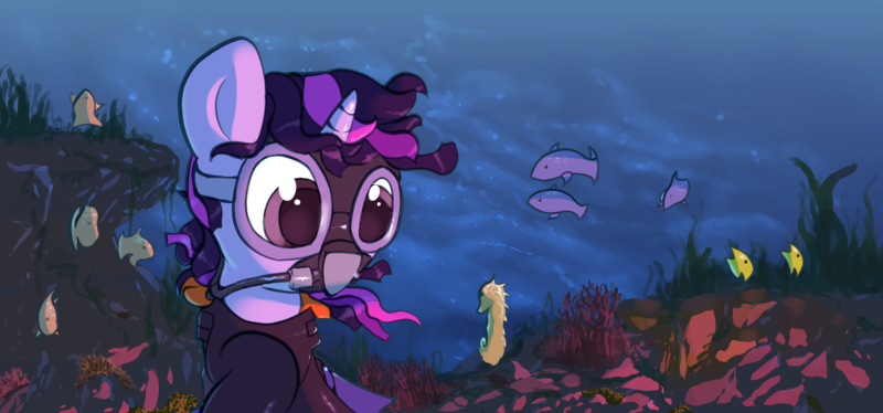 Size: 2630x1231 | Tagged: safe, artist:vultraz, derpibooru import, part of a set, twilight sparkle, fish, pony, seahorse, /mlp/, diving, diving goggles, drawthread, female, rebreather, requested art, scuba, scuba diving, scuba gear, solo, swimming, underwater, wetsuit