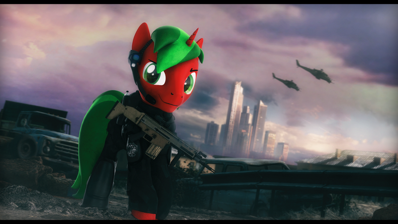 Size: 2920x1642 | Tagged: safe, artist:mister-karter, derpibooru import, oc, oc:clockwork device, 3d, armor, car, city, clothes, crossover, escape from tarkov, gun, helicopter, mi-24, mi-24 hind, scar-h, solo, source filmmaker, tactical squad, weapon