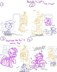 Size: 4779x6013 | Tagged: safe, artist:adorkabletwilightandfriends, derpibooru import, moondancer, twilight sparkle, twilight sparkle (alicorn), oc, oc:pinenut, alicorn, cat, pony, unicorn, comic:adorkable twilight and friends, absurd resolution, adorkable, adorkable twilight, broken, butt crush, comic, crack, cracked, cracking, cute, dork, excited, fail, female, friendship, happy, jumping, kitchen, mare, meow, ponies riding roombas, purring, riding, roomba, sad, sitting, surprised, the ass was too fat, vacuum