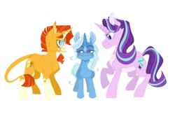 Size: 1280x887 | Tagged: safe, artist:vio-creayta, derpibooru import, starlight glimmer, sunburst, trixie, ot3, simple background, transparent background