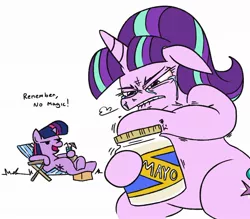 Size: 1026x899 | Tagged: safe, artist:jargon scott, derpibooru import, starlight glimmer, twilight sparkle, pony, unicorn, bipedal, chair, dialogue, food, gritted teeth, hoof hold, lawn chair, mayonnaise, sauce, simple background, struggling, white background