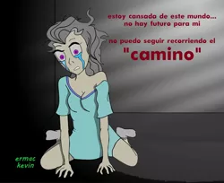 Size: 1964x1604 | Tagged: safe, artist:ermackvn, derpibooru import, screw loose, human, crying, darkness, female, hospital gown, humanized, letter, sad, solo, spanish, translated in the description, woman