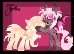 Size: 950x700 | Tagged: safe, artist:junko, derpibooru import, oc, oc:peony fields, oc:primrose blossombat, unofficial characters only, bat pony, pegasus, pony, unicorn, chest fluff, digital art, ear piercing, eyelashes, female, folded wings, holding head, lesbian, mare, oc x oc, piercing, pink background, shipping, signature, simple background, smiling, spread wings, unshorn fetlocks, wings