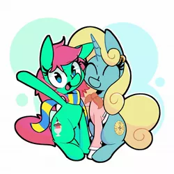 Size: 2048x2048 | Tagged: safe, artist:kindakismet, derpibooru import, oc, oc:minty split, oc:seafoam breeze, unofficial characters only, earth pony, pony, unicorn, ascot, clothes, duo, female, mare, mother and child, mother and daughter, scarf, shirt, simple background, smiling, waving